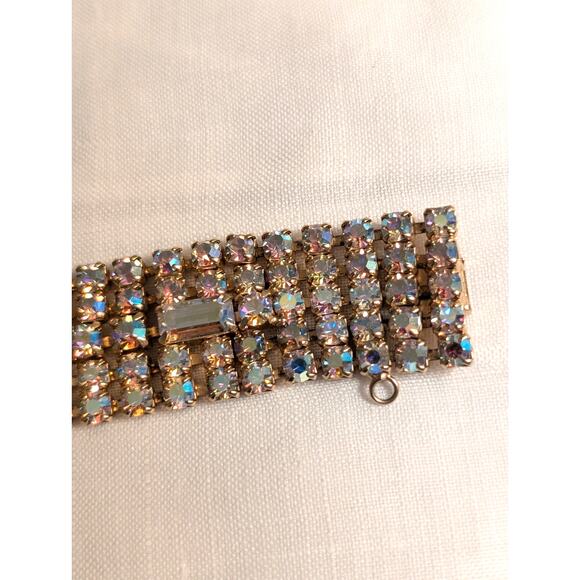 Vintage 1960s Unsigned Aurora Borealis Crystal Gold Tone Wide Bracelet W/ Safety - Picture 12 of 16